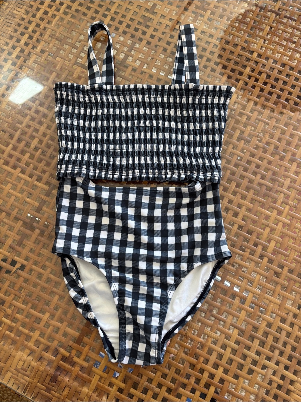 Old Navy Navy and White Gingham Girls Smocked One-Piece Swimsuit 6